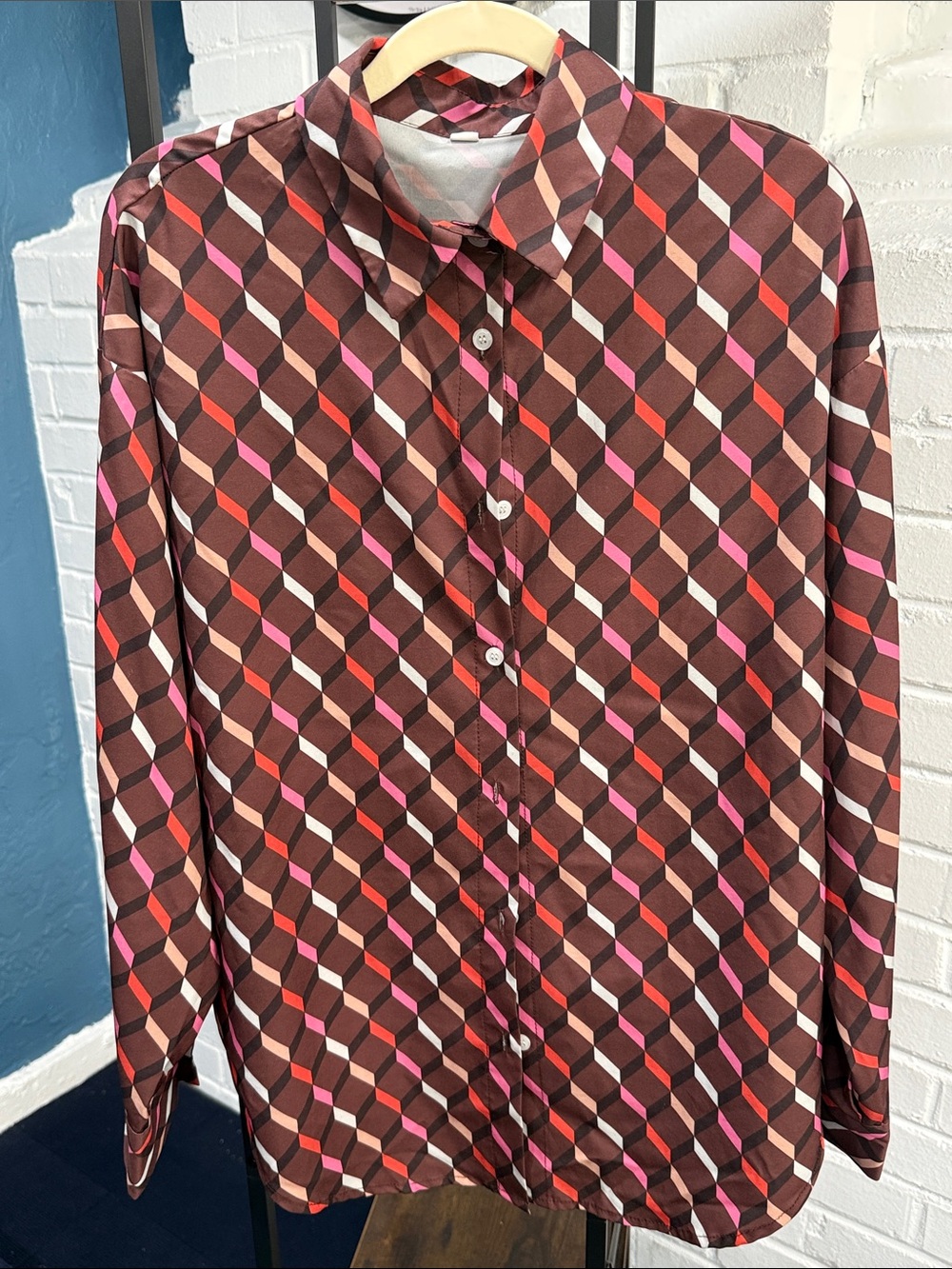 Women’s Brown Geometric Print Button-Up Shirt - Pink & Red Accents